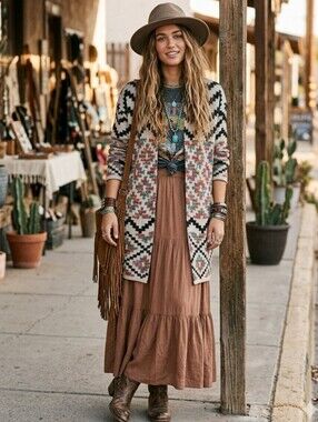 Cozy Fall Southwestern Multi Color Gray Black Design Long Open Cardigan S-M